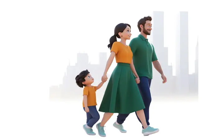 A Kid with His Parents Walking at Road 3D Picture Cartoon Illustration image